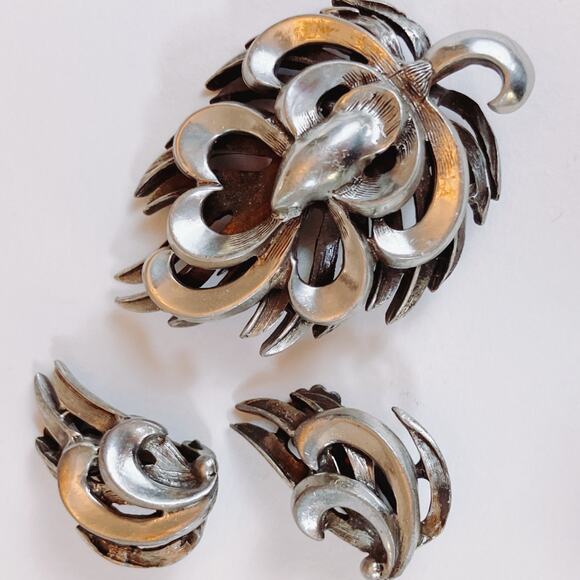 VTG Mid Century 44g Silver Brooch Earrings Set Layered Modernist 50s Jewelry - Picture 4 of 10